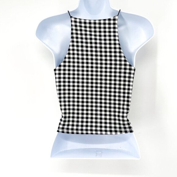 2/$30 Gaze Gingham Check Plaid Print Pattern Black White Cropped Tank Top Crop - Picture 3 of 5